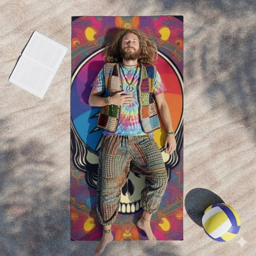 Psychedelic Steal Your Face Skull Beach Towel | Rainbow Lightning Bolt