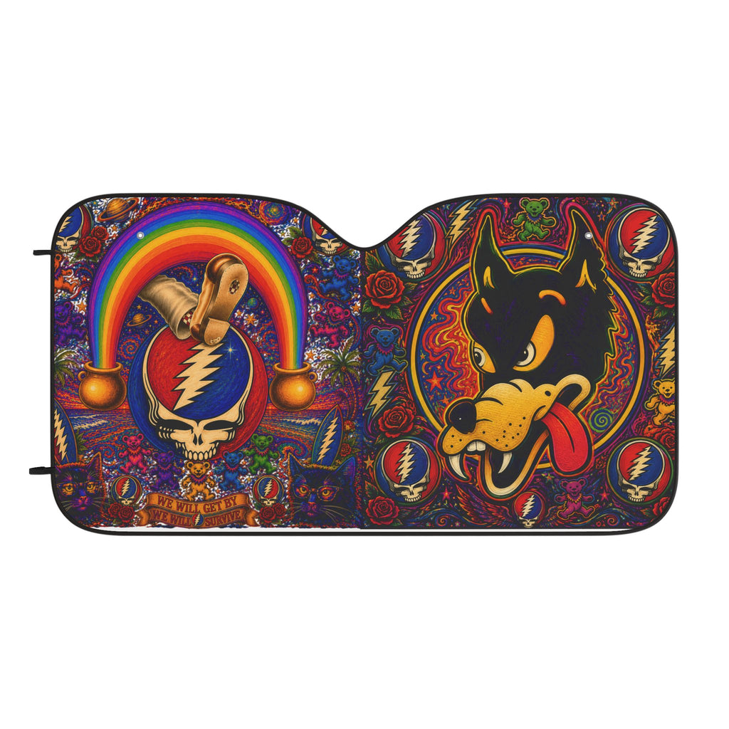 Psychedelic Grateful Dead Skull and Wolf Car Sun Shade | Windshield Sunshade