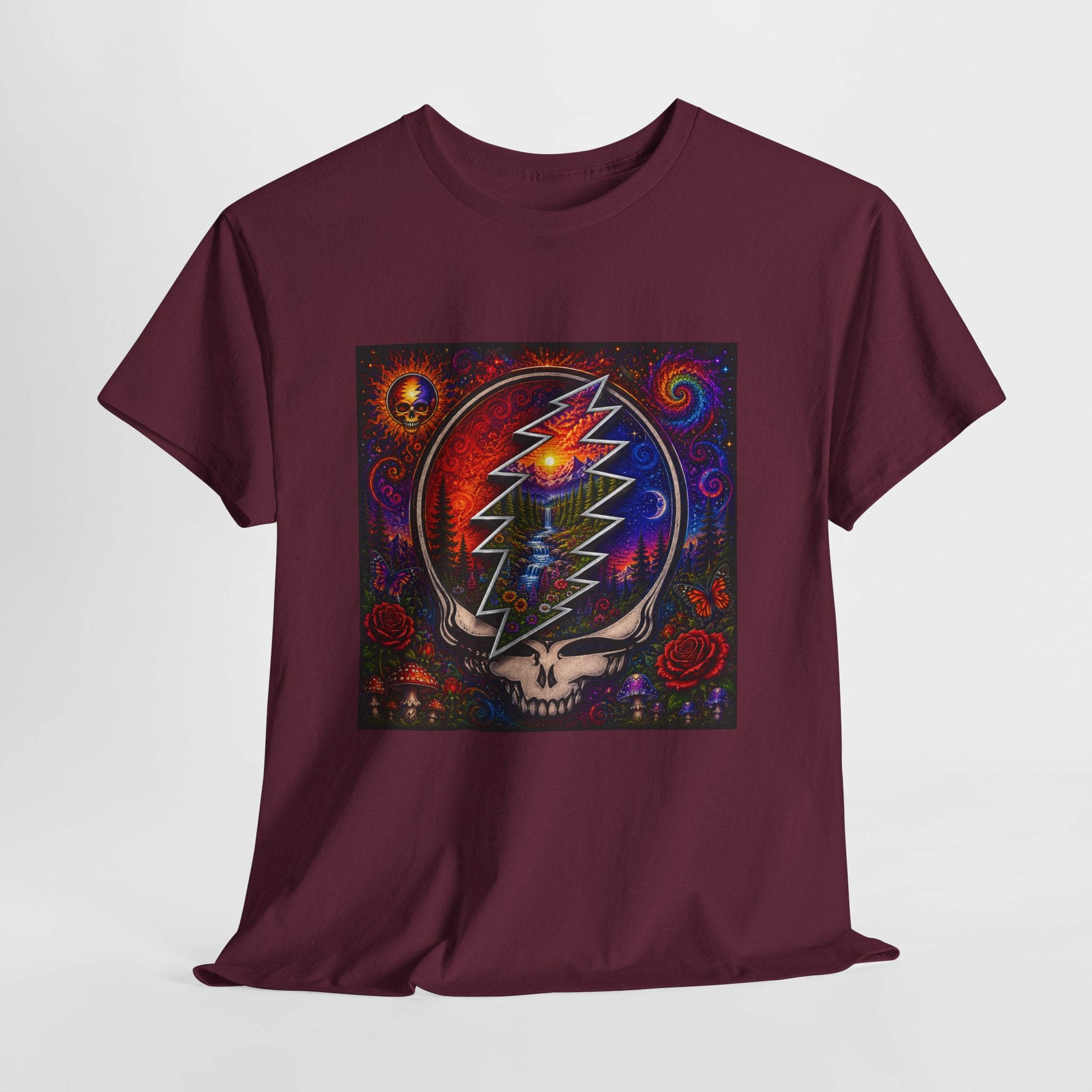 Psychedelic Steal Your Face Skull T-Shirt | Colorful Lightning Rose Grateful Dead Tee