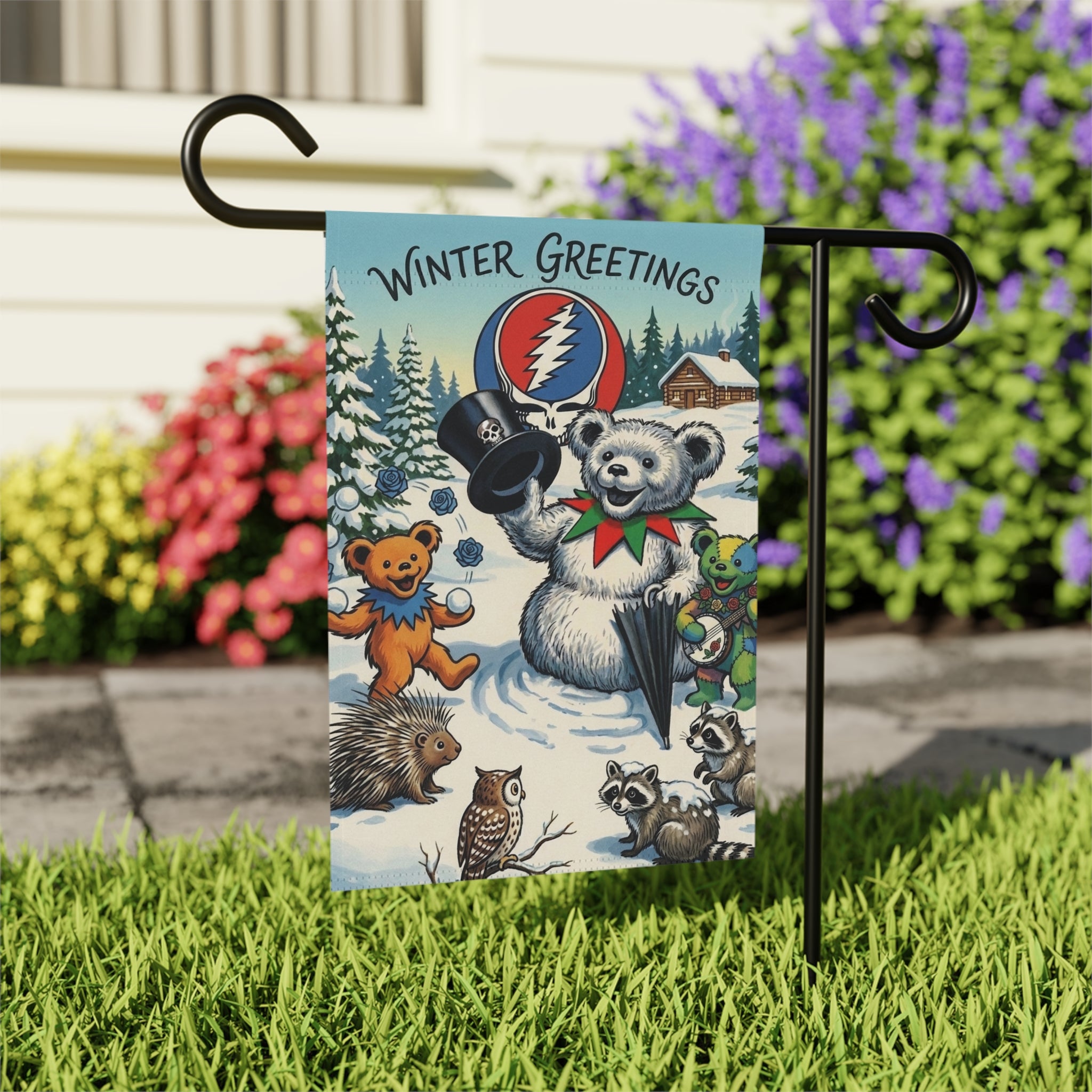 Winter Greetings Bear Holiday Garden & House Banner | Grateful Dead Steal Your Face