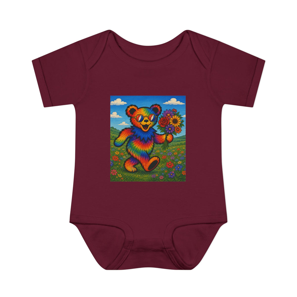 Grateful Dead Rainbow Tie Dye Bear Holding Sunflower Infant Bodysuit
