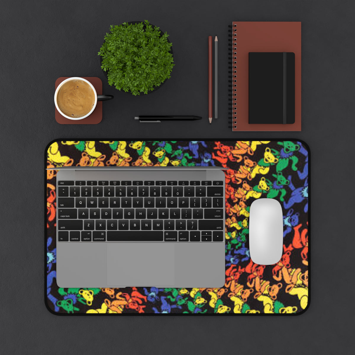 Grateful Dead Bear Rainbow Spiral Skull Pattern Desk Mat | Psychedelic Mouse Pad, gift for a deadhead