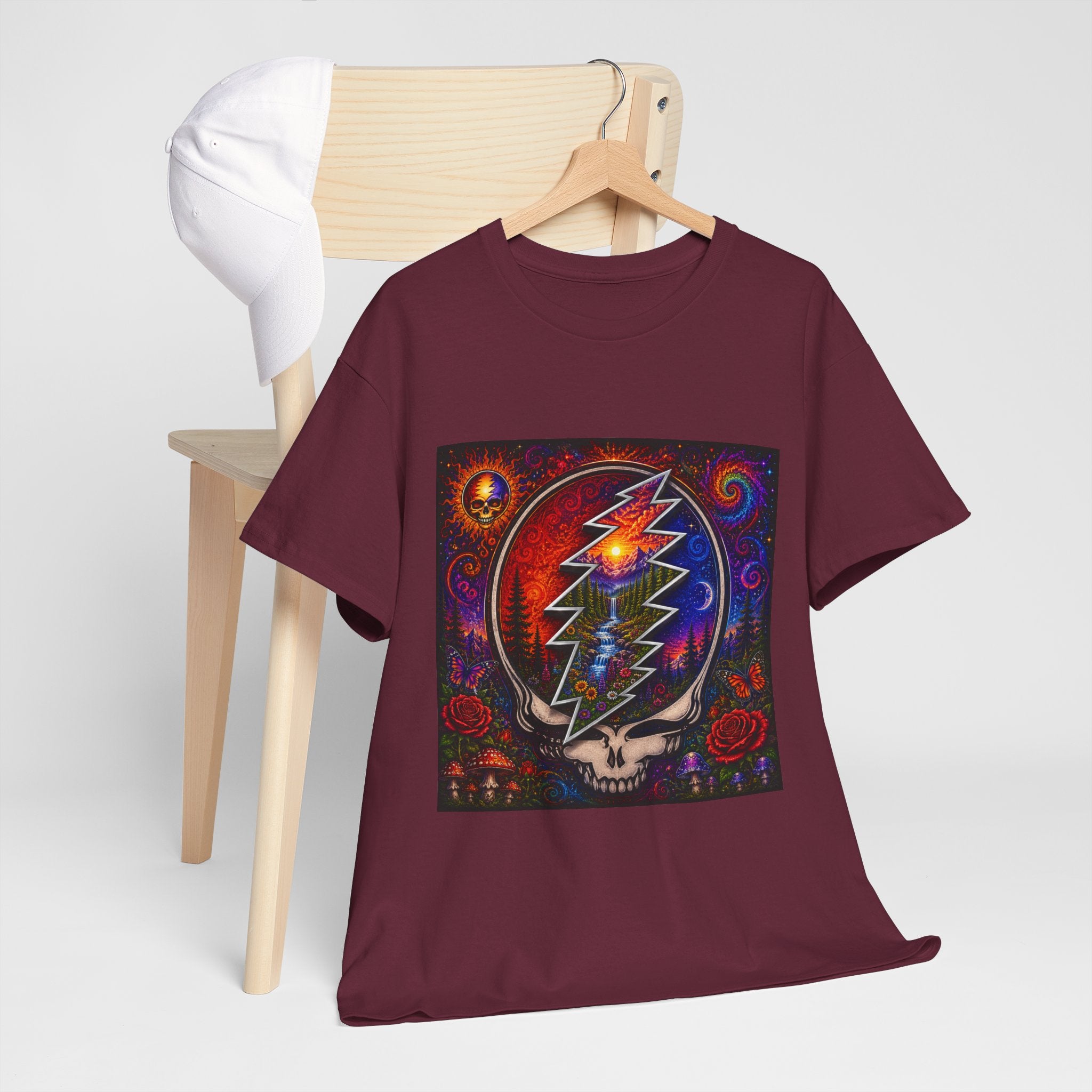 Psychedelic Steal Your Face Skull T-Shirt | Colorful Lightning Rose Grateful Dead Tee