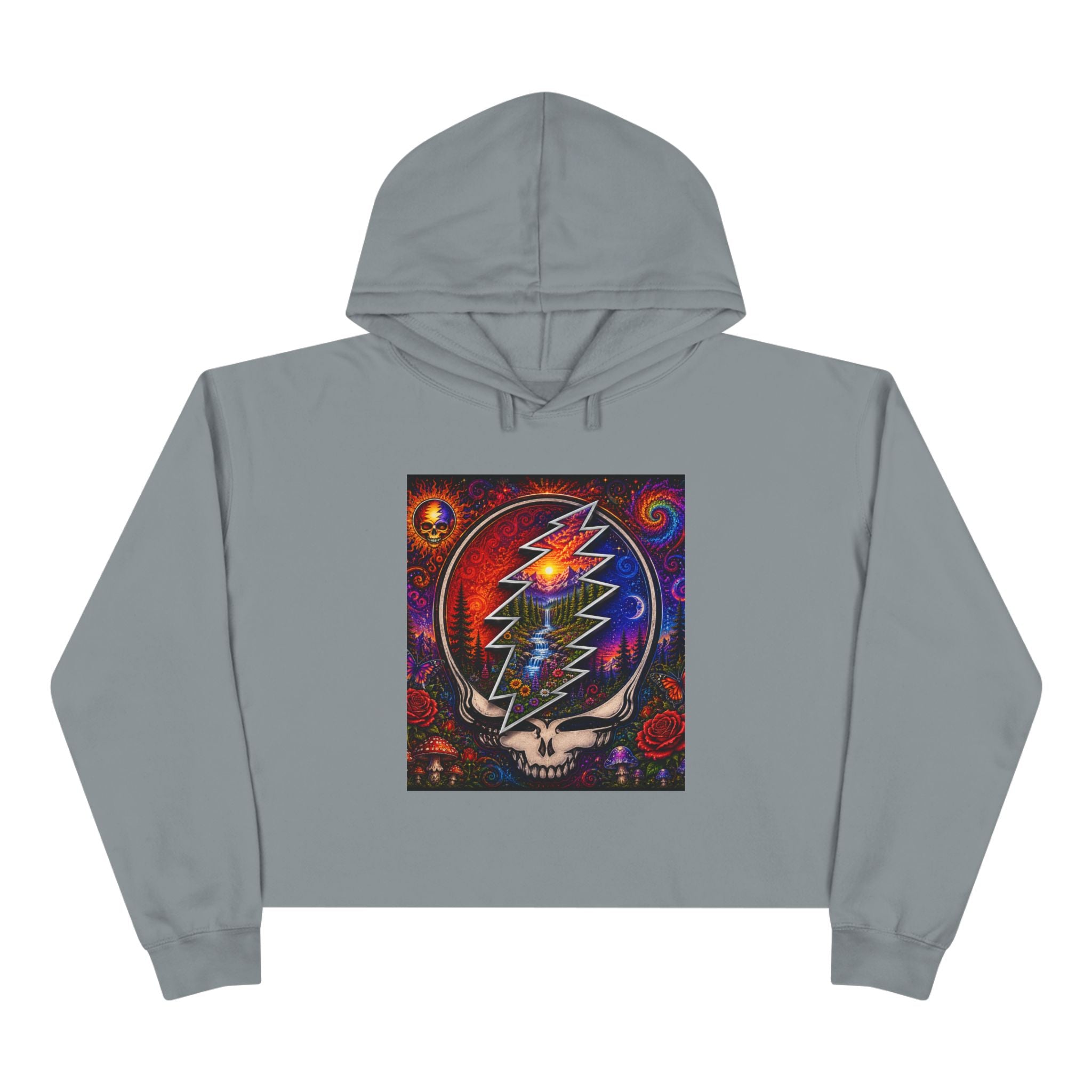 Psychedelic Steal Your Face Skull Crop Hoodie | Grateful Dead Lightning Bolt Design