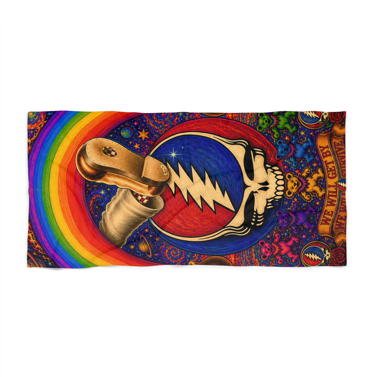 Psychedelic Skull Lightning Bolt Beach Towel | Rainbow Grateful Dead Style