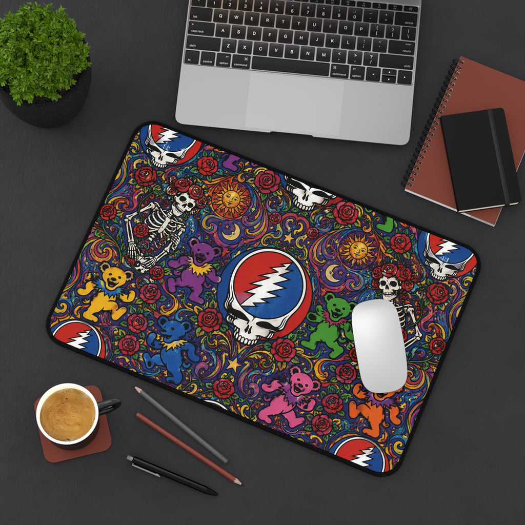 Grateful Dead Steal Your Face Skull Desk Mat | Colorful Dancing Bears, Psychedelic Floral, gift for deadhead