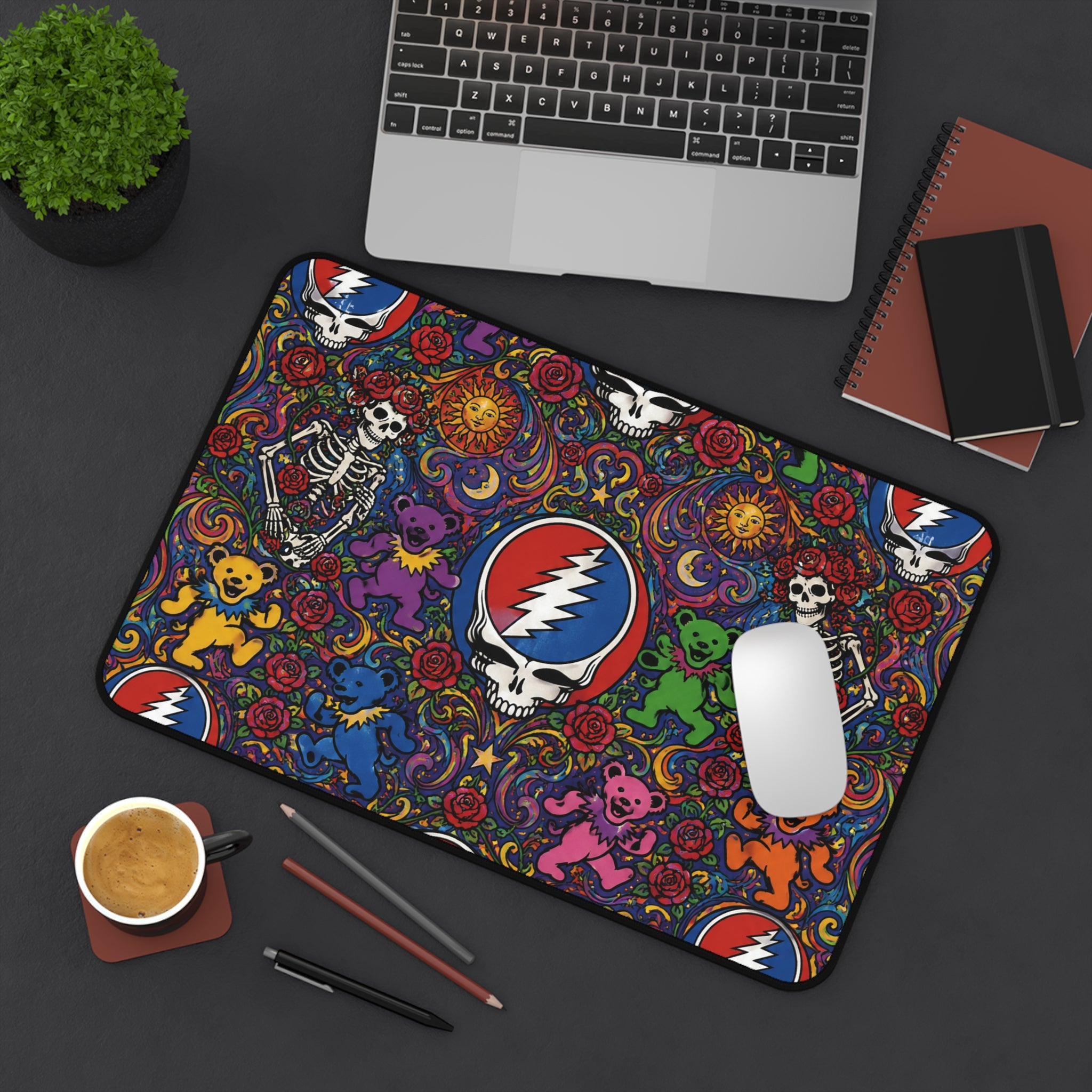 Grateful Dead Steal Your Face Skull Desk Mat | Colorful Dancing Bears, Psychedelic Floral, gift for deadhead
