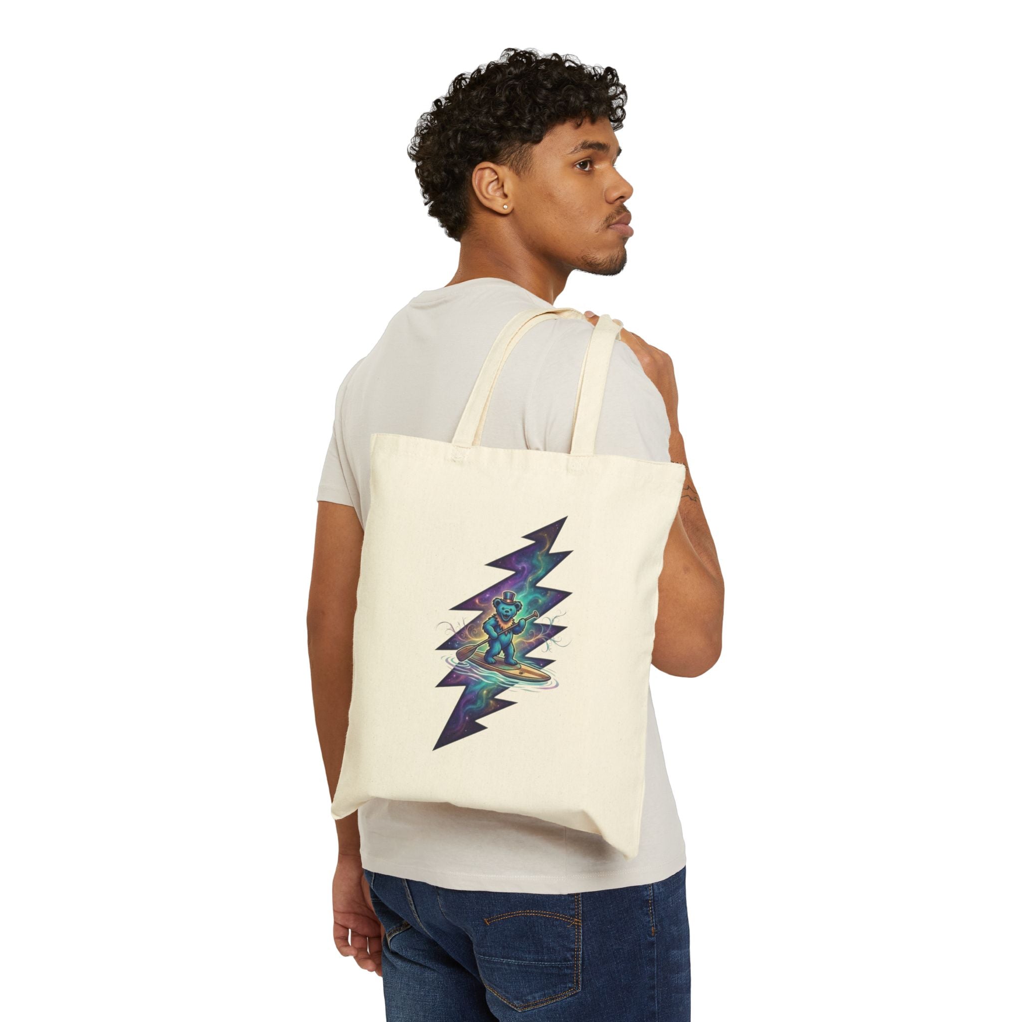 Grateful Dead Paddleboarding dead bear Cosmic Bear Lightning Bolt Tote Bag | Canvas Market Bag