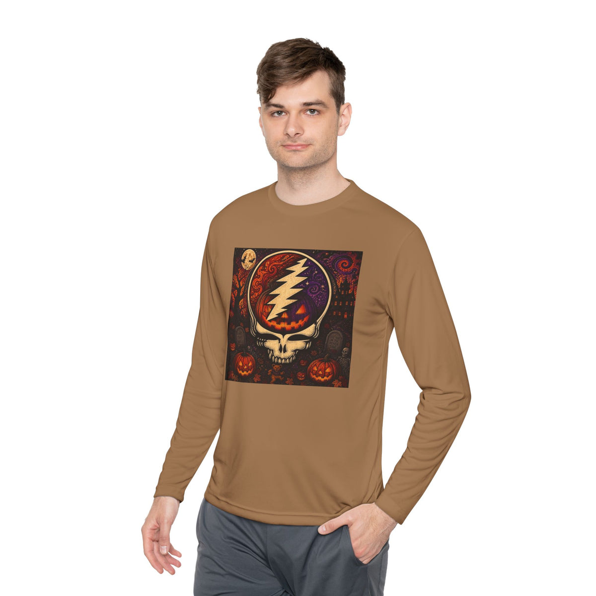 Gift for Deadhead, Grateful Dead Skull with Lightning Bolt Long Sleeve Tee | Halloween Jack-O'-Lanterns