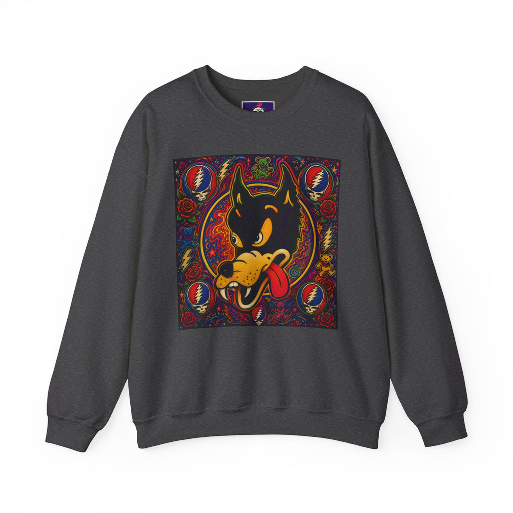 Psychedelic Dire Wolf Grateful Dead Crewneck Sweatshirt | Retro Skull Roses Band Icons