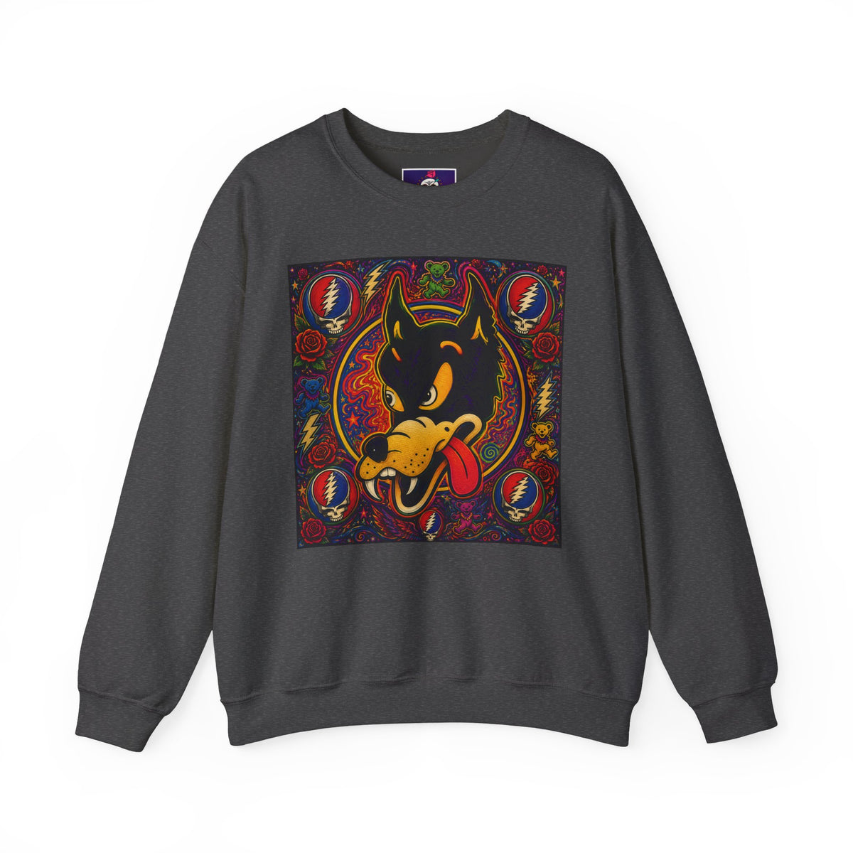 Psychedelic Dire Wolf Grateful Dead Crewneck Sweatshirt | Retro Skull Roses Band Icons