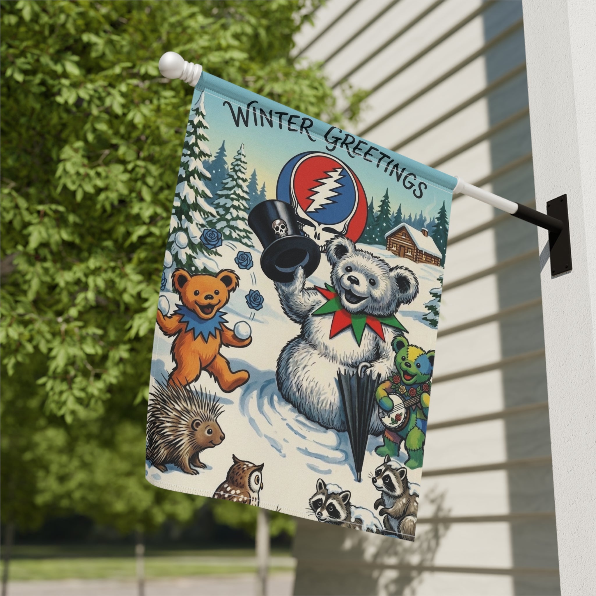 Winter Greetings Bear Holiday Garden & House Banner | Grateful Dead Steal Your Face