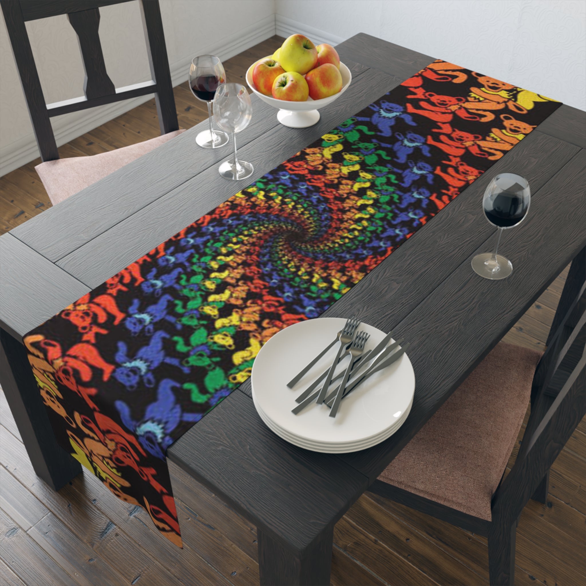 Grateful Dead Bear Rainbow Dancing Bears Table Runner | Psychedelic Spiral Cotton Poly, gift for a deadhead
