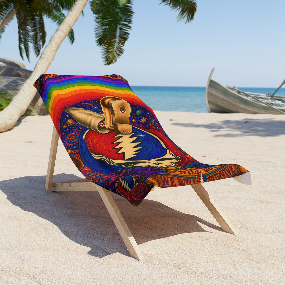 Psychedelic Skull Lightning Bolt Beach Towel | Rainbow Grateful Dead Style