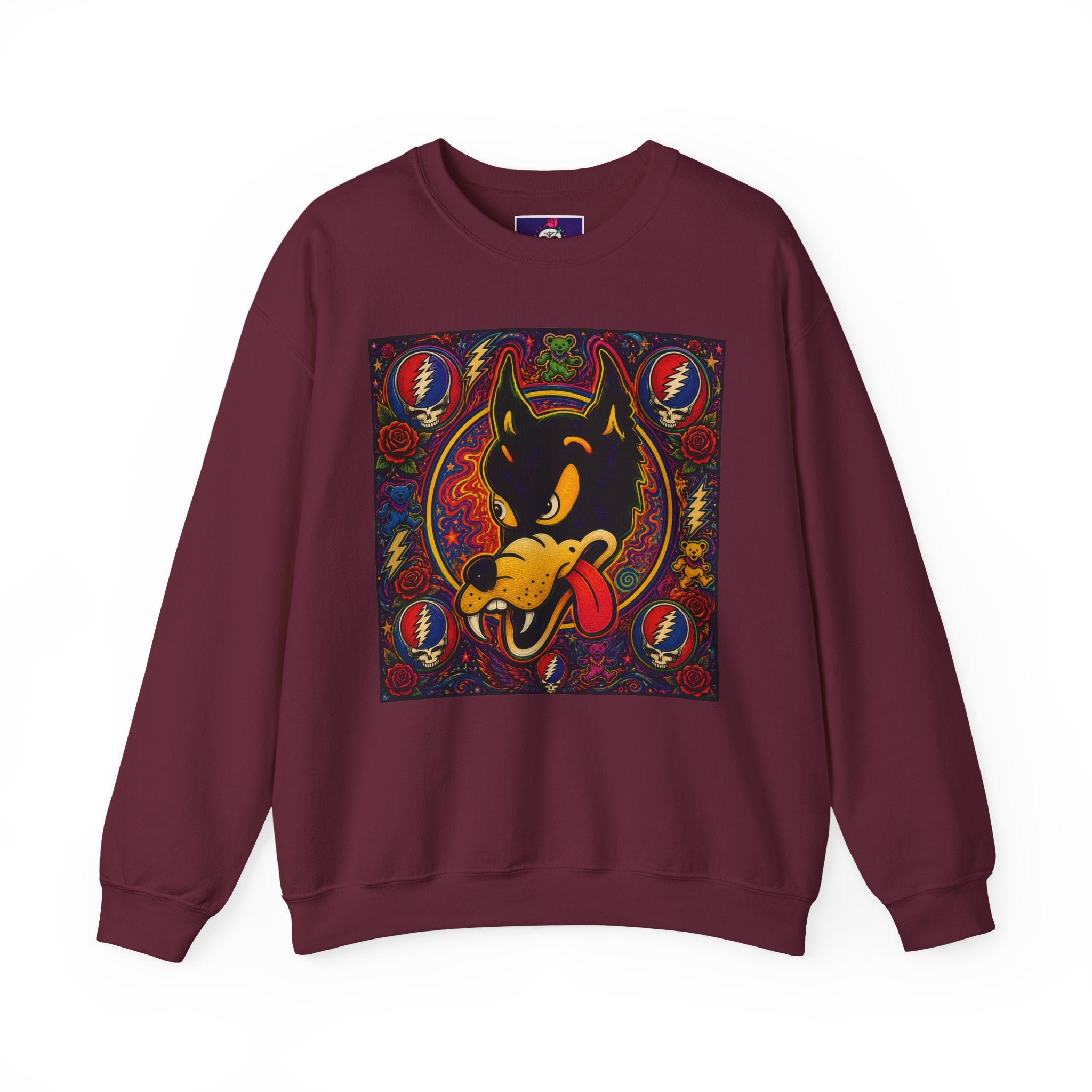Psychedelic Dire Wolf Grateful Dead Crewneck Sweatshirt | Retro Skull Roses Band Icons