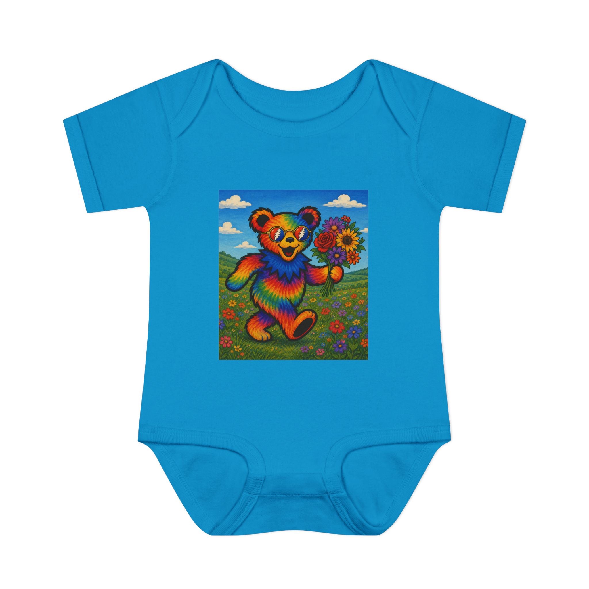 Grateful Dead Rainbow Tie Dye Bear Holding Sunflower Infant Bodysuit