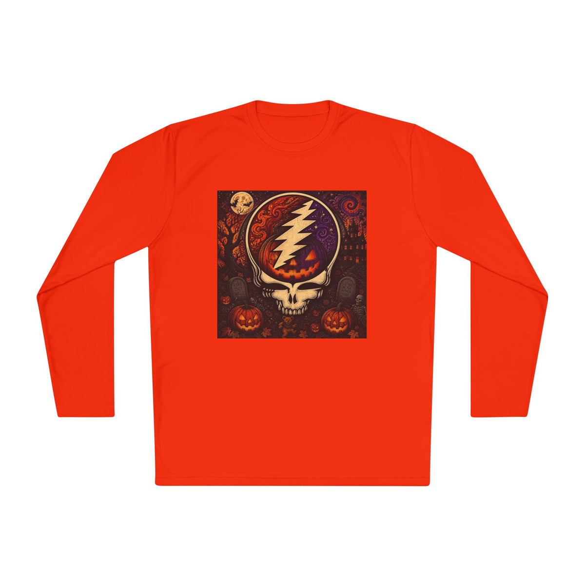 Gift for Deadhead, Grateful Dead Skull with Lightning Bolt Long Sleeve Tee | Halloween Jack-O'-Lanterns