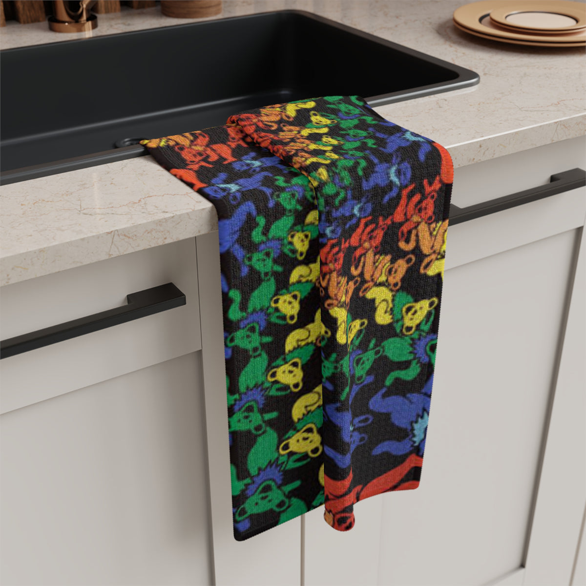 Grateful Dead Bear Rainbow Dancing Bears Spiral Microfiber Tea Towel | Psychedelic Kitchen Linen, gift for her , gift for deadhead