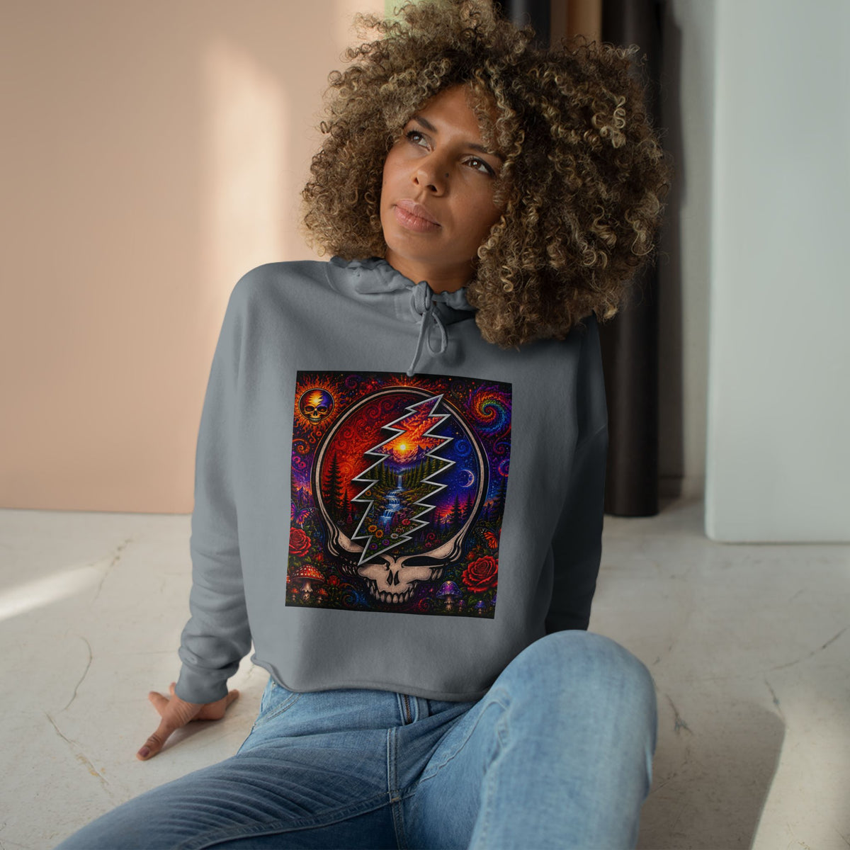 Psychedelic Steal Your Face Skull Crop Hoodie | Grateful Dead Lightning Bolt Design