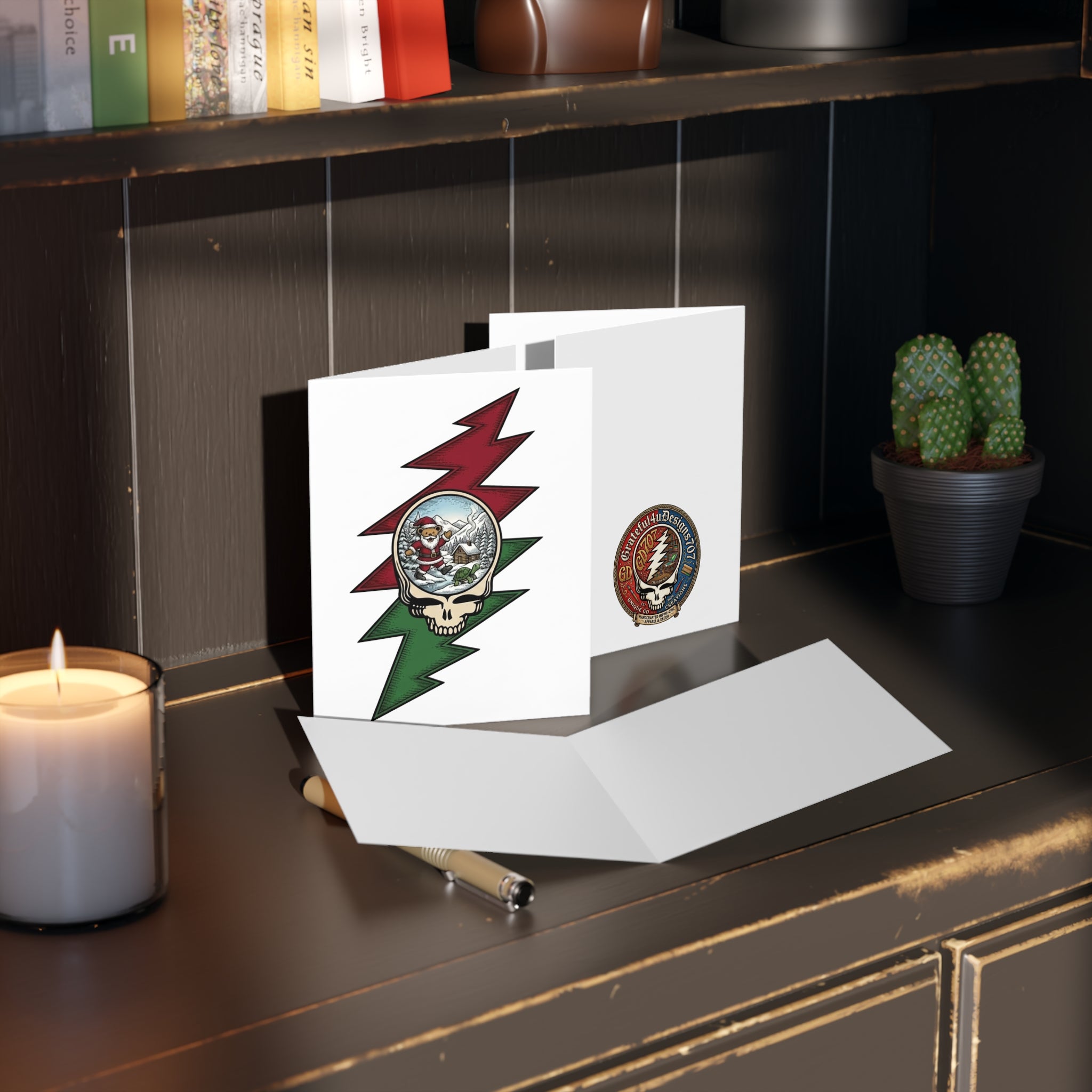 Grateful Dead skull with snowglobe Santa Greeting Cards | holiday stationery