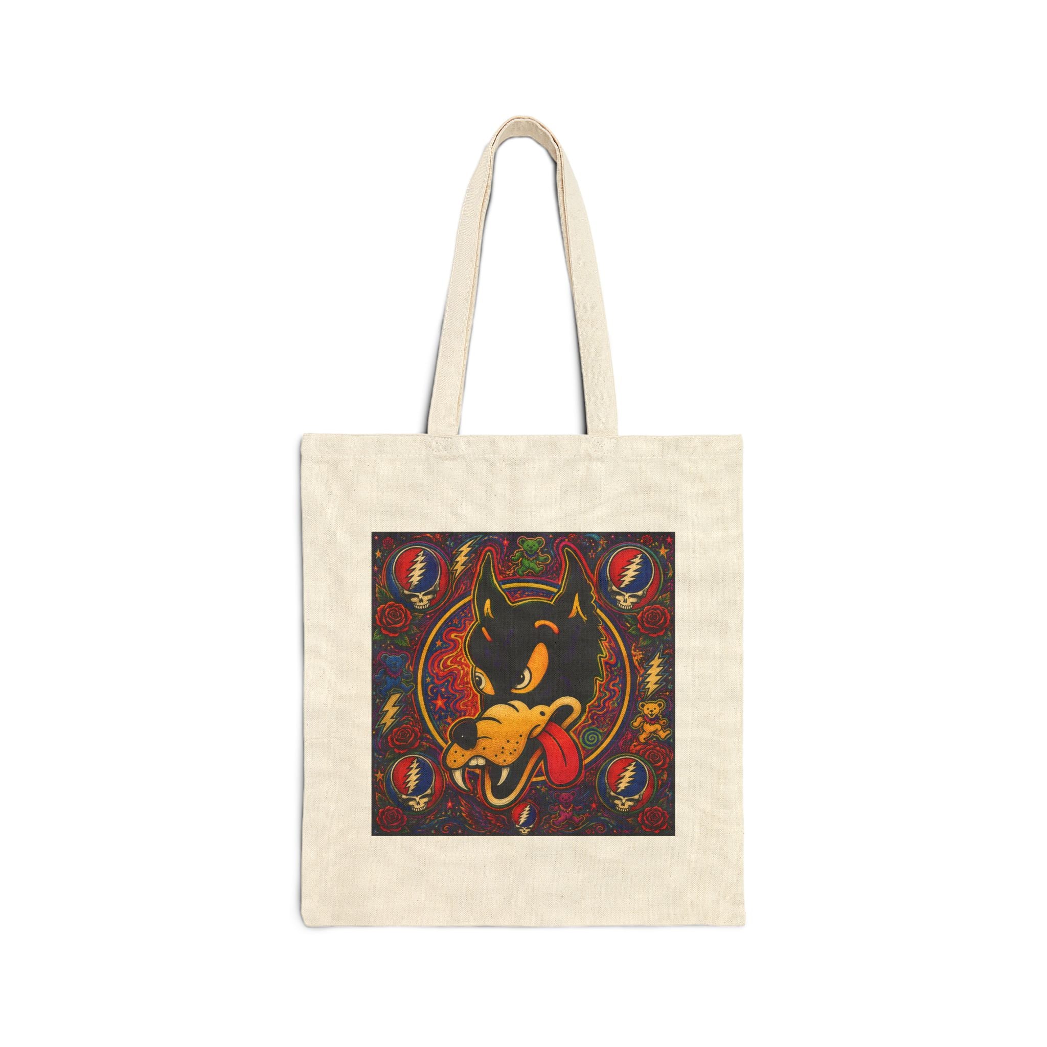 Retro Dire wolf Grateful Dead  Tote Bag | Psychedelic Badge Art, Vintage Style