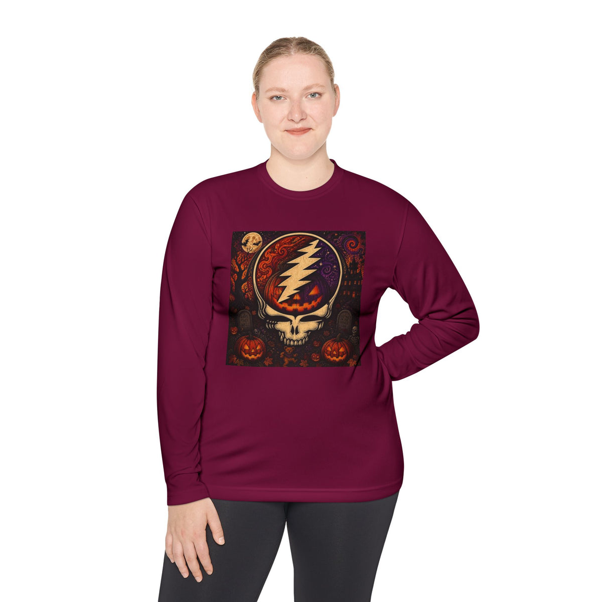 Gift for Deadhead, Grateful Dead Skull with Lightning Bolt Long Sleeve Tee | Halloween Jack-O'-Lanterns