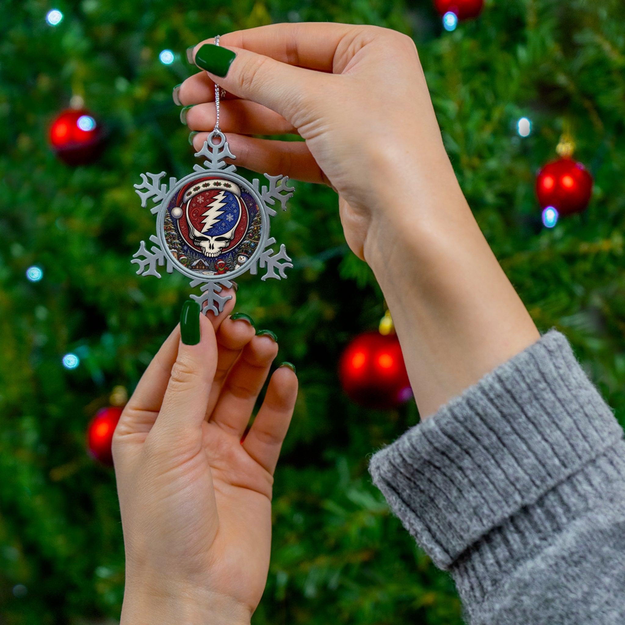 Steal Your Face Skull Snowflake Ornament | Pewter Music Band Holiday Decor, grateful dead, gift for deadhead