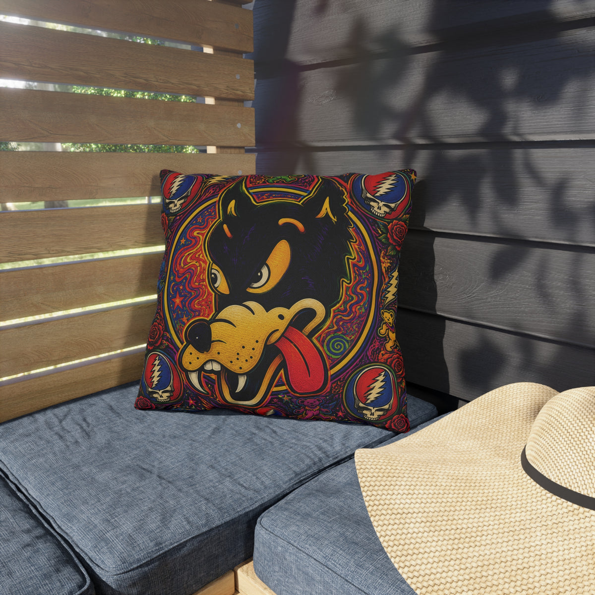 Psychedelic Dire Wolf  Outdoor Pillow | Retro Grateful Dead Lightning Skulls