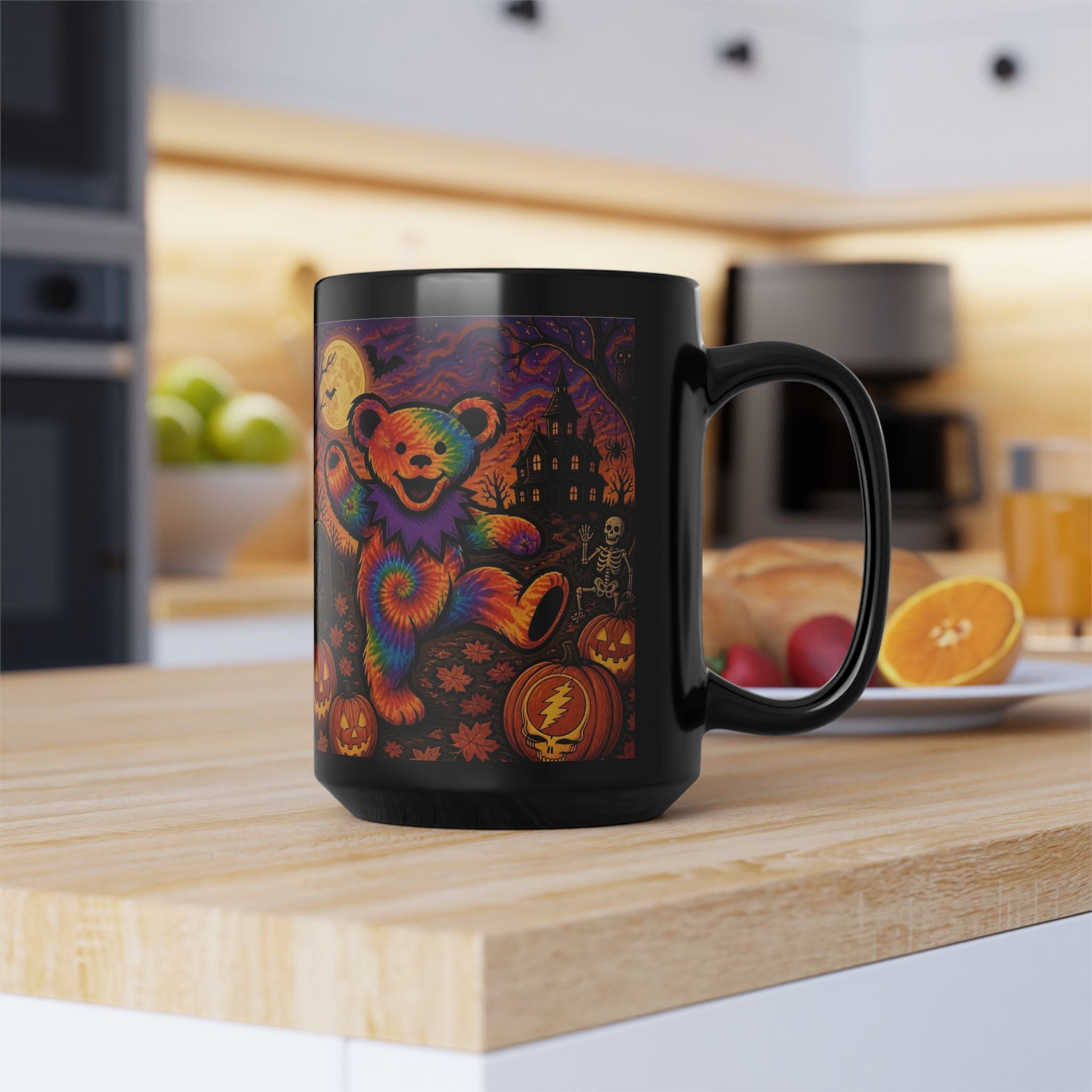 Tie-Dye Dancing Bear Halloween Mug | Spooky Pumpkin Graveyard, gift for deadhead