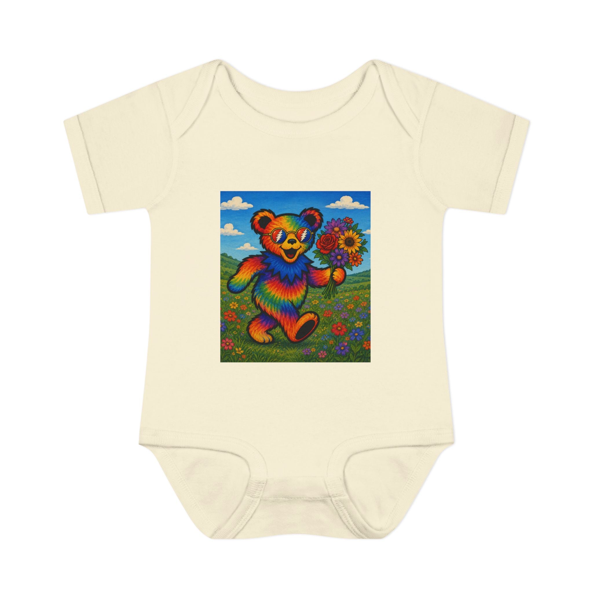Grateful Dead Rainbow Tie Dye Bear Holding Sunflower Infant Bodysuit