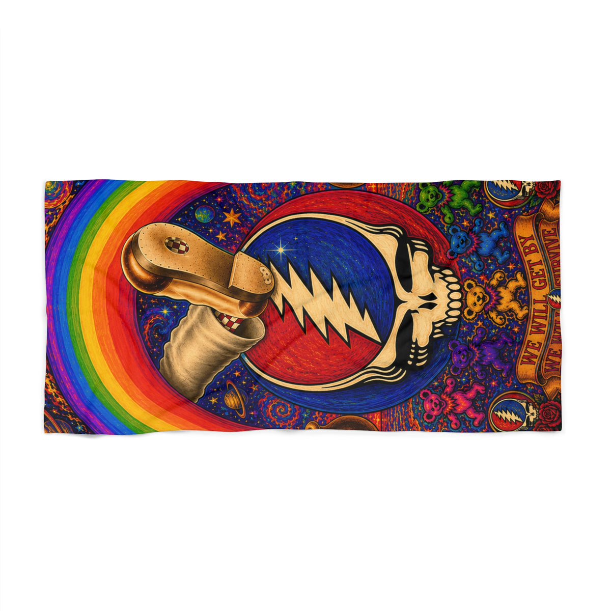 Psychedelic Skull Lightning Bolt Beach Towel | Rainbow Grateful Dead Style