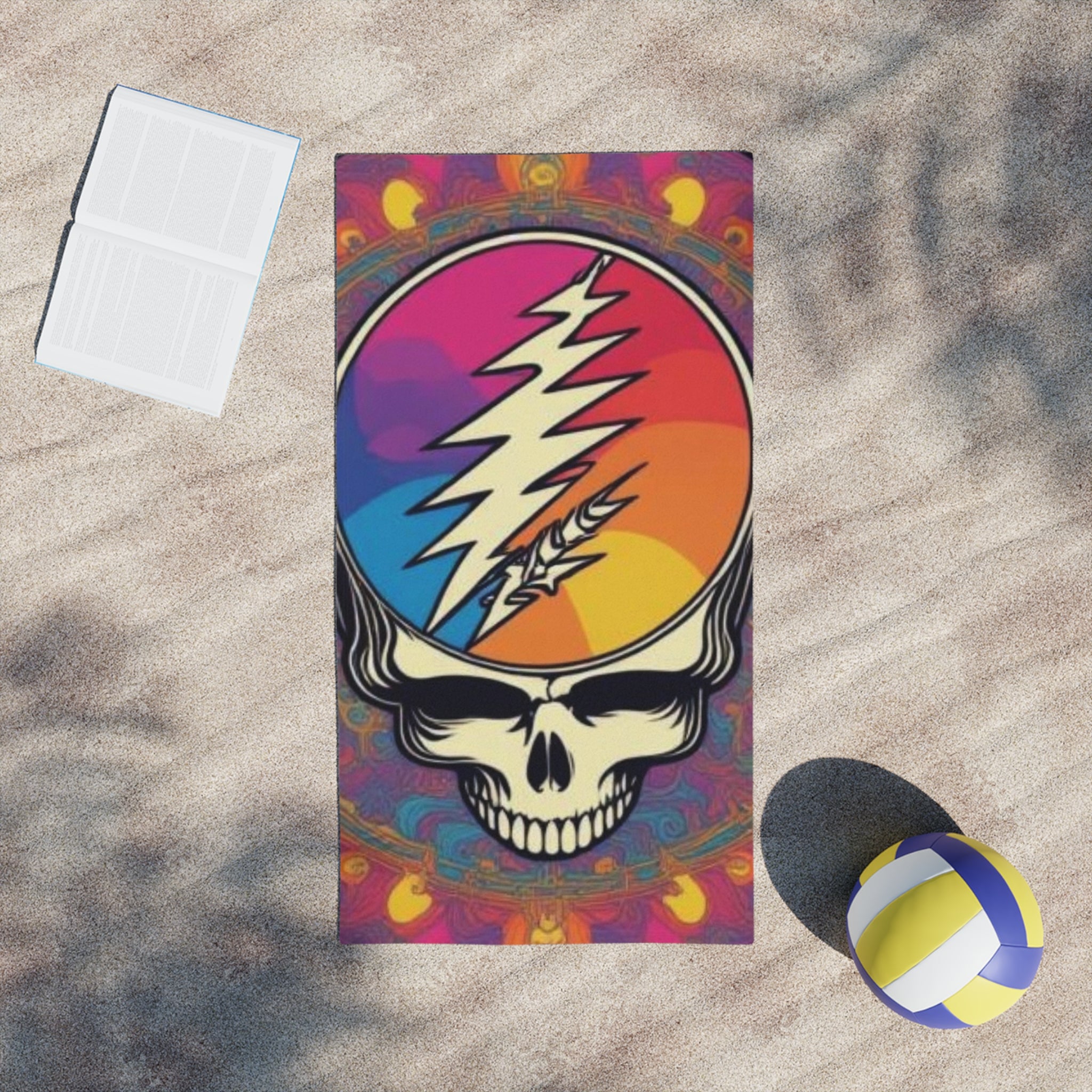 Psychedelic Steal Your Face Skull Beach Towel | Rainbow Lightning Bolt