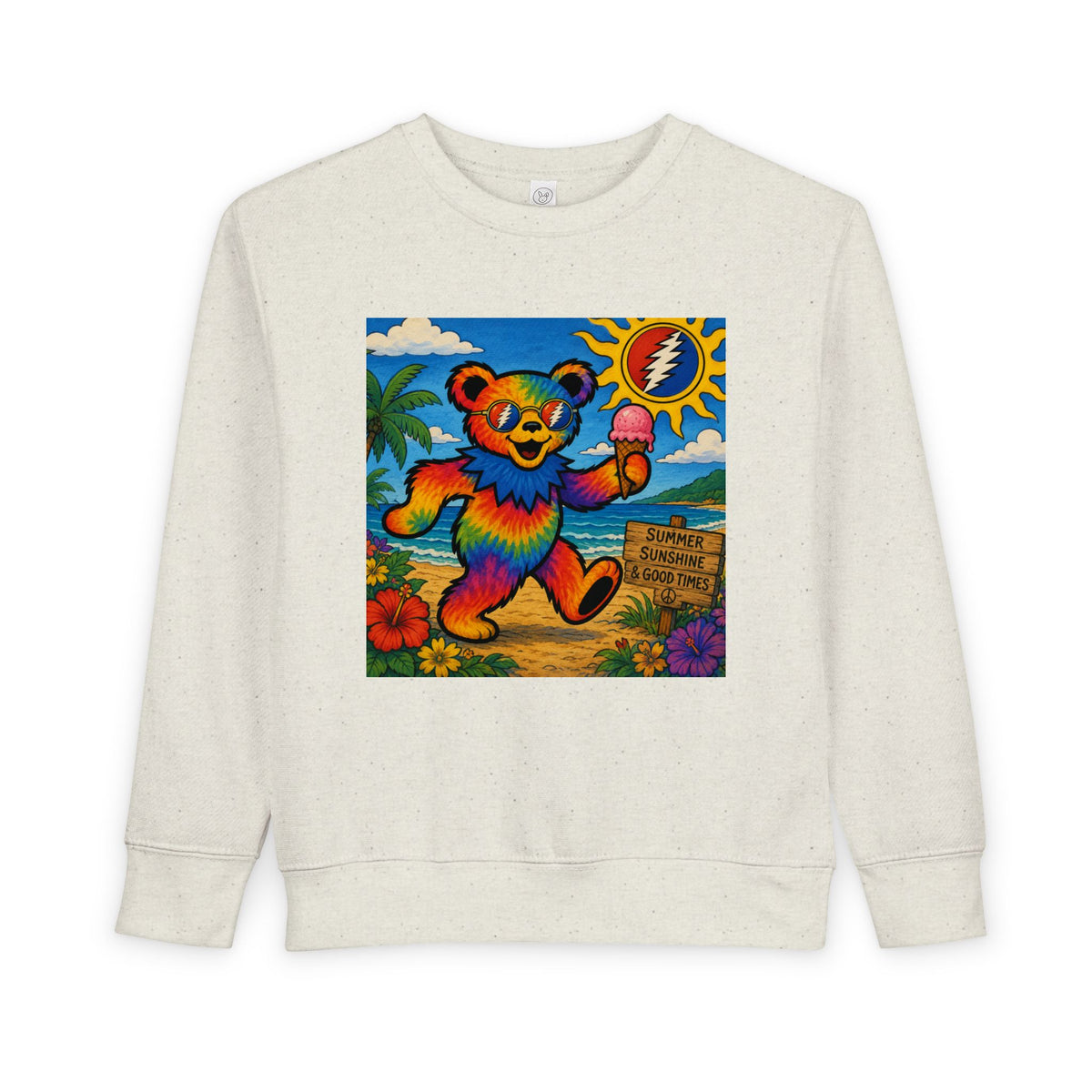 Dancing Tie-Dye Bear Toddler Sweatshirt | Surfboard Beach Grateful Dead Vibe