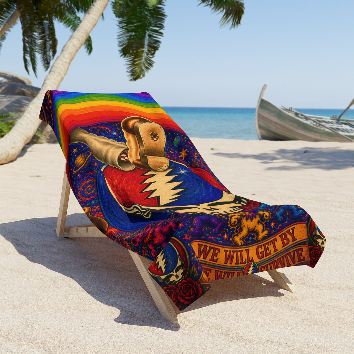 Psychedelic Skull Lightning Bolt Beach Towel | Rainbow Grateful Dead Style