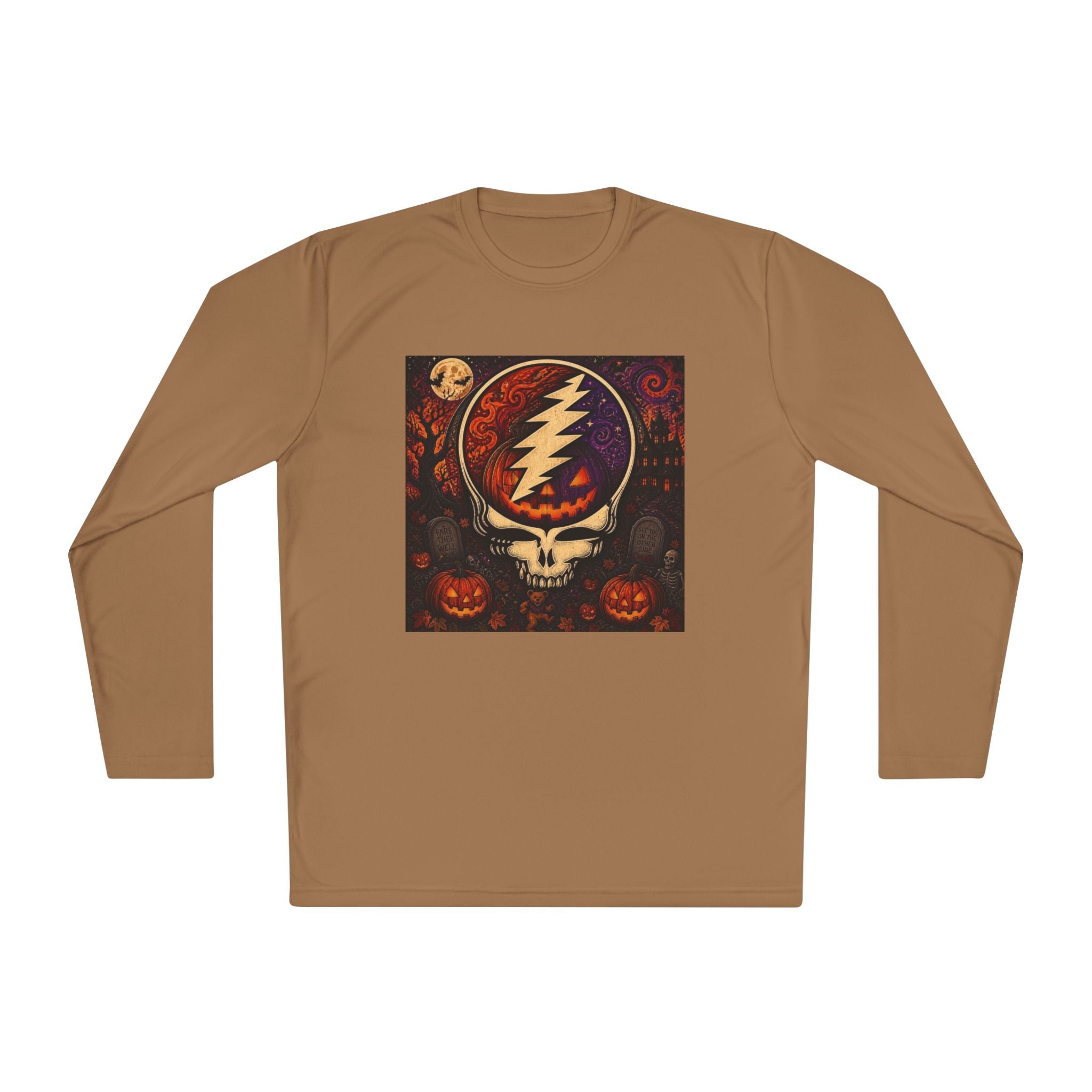 Gift for Deadhead, Grateful Dead Skull with Lightning Bolt Long Sleeve Tee | Halloween Jack-O'-Lanterns