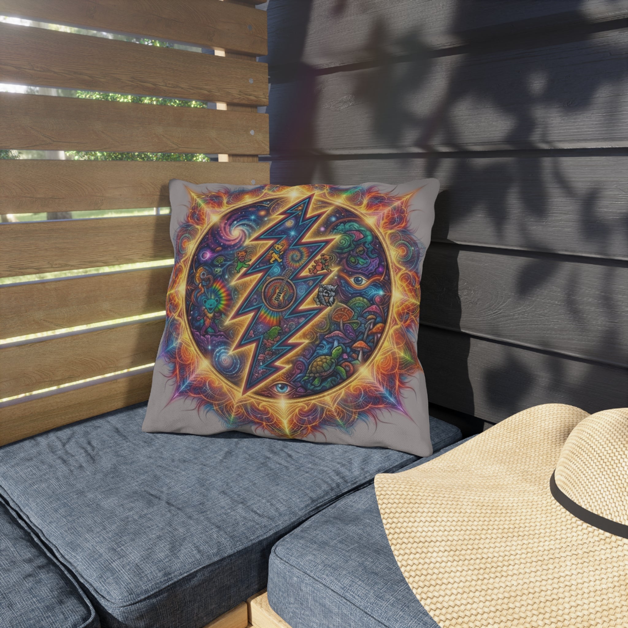 Psychedelic Steal Your Face Lightning Bolt Outdoor Pillow | Grateful Dead Inspired, Colorful Cosmic Mushroom Design