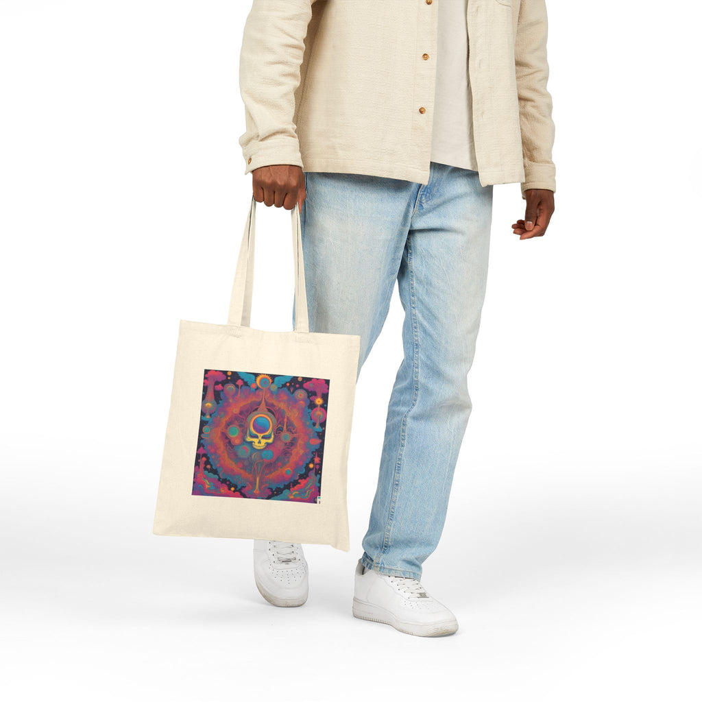Psychedelic Skull Key Tote Bag | Colorful Mandala Art, Cotton Canvas