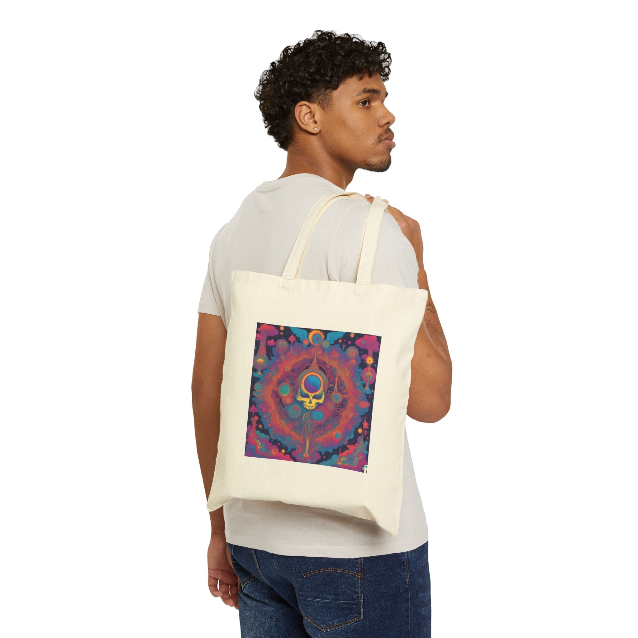 Psychedelic Skull Key Tote Bag | Colorful Mandala Art, Cotton Canvas
