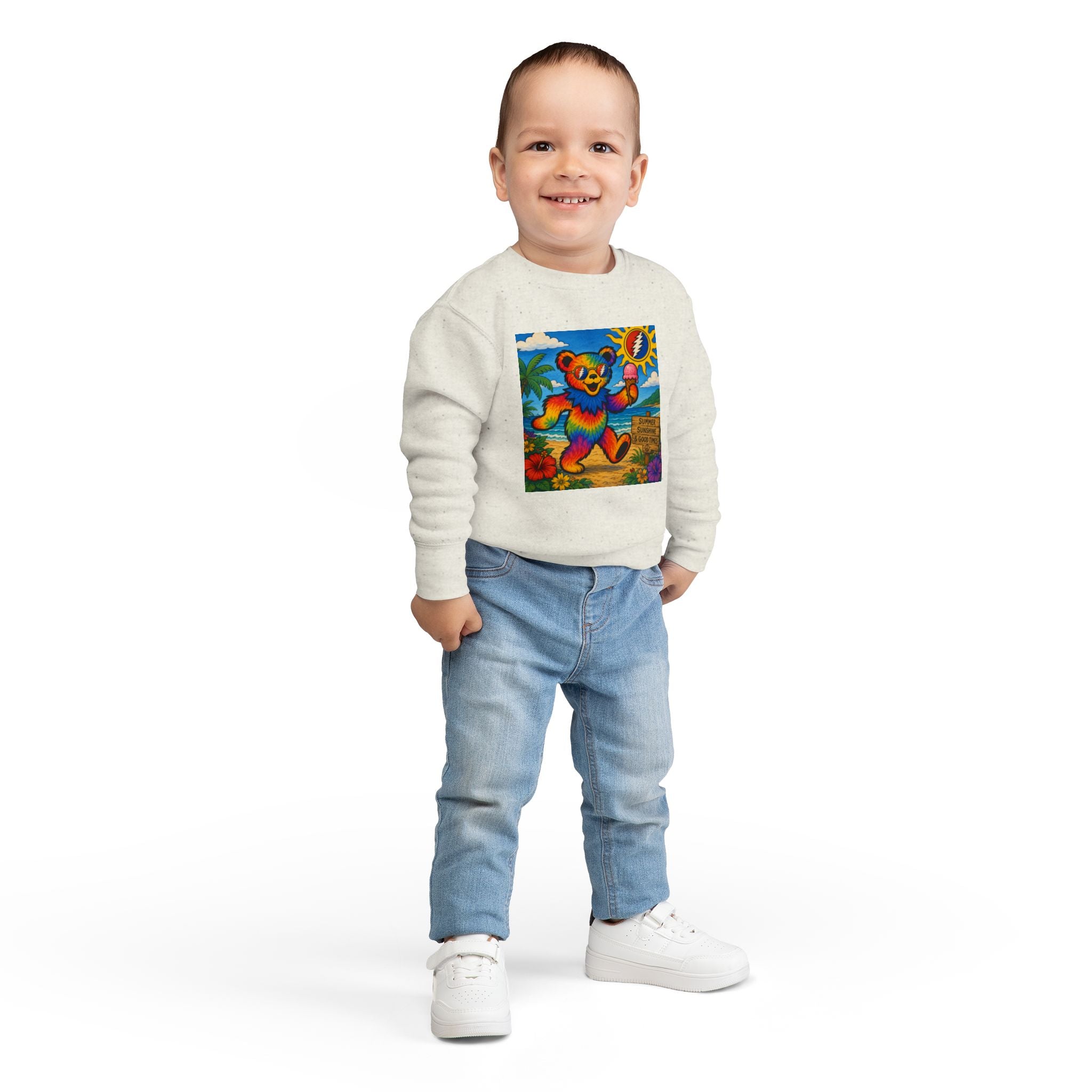 Dancing Tie-Dye Bear Toddler Sweatshirt | Surfboard Beach Grateful Dead Vibe