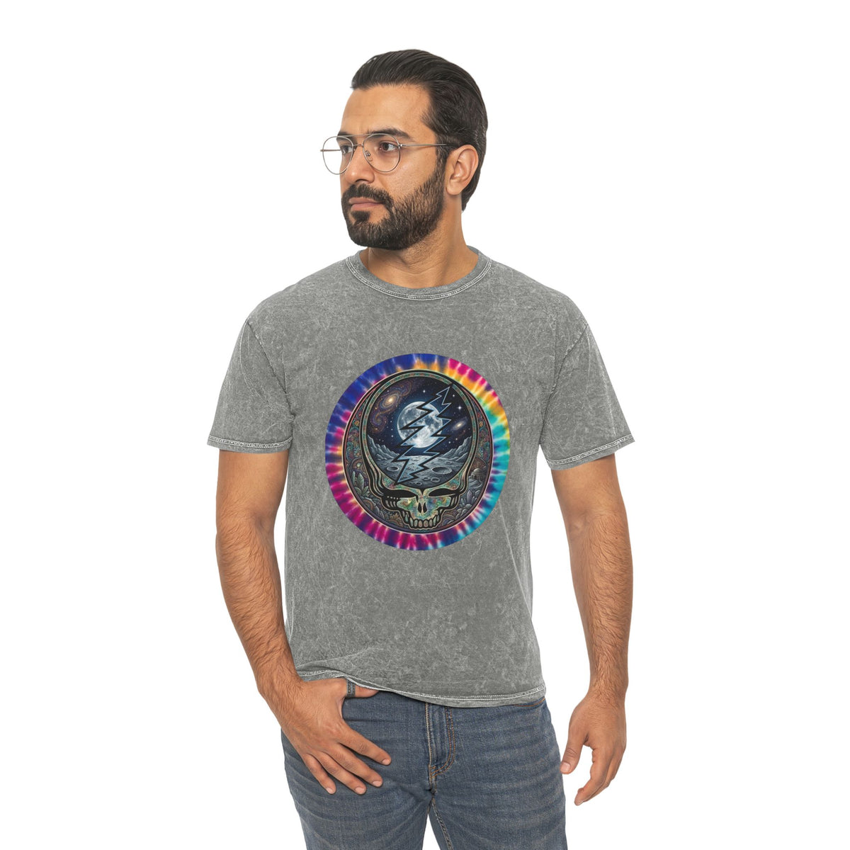 Grateful Dead Standing on the Moon, Steal Your Face Skull Lightning Tie Dye T-Shirt | Mineral Wash, gift for a deadhead