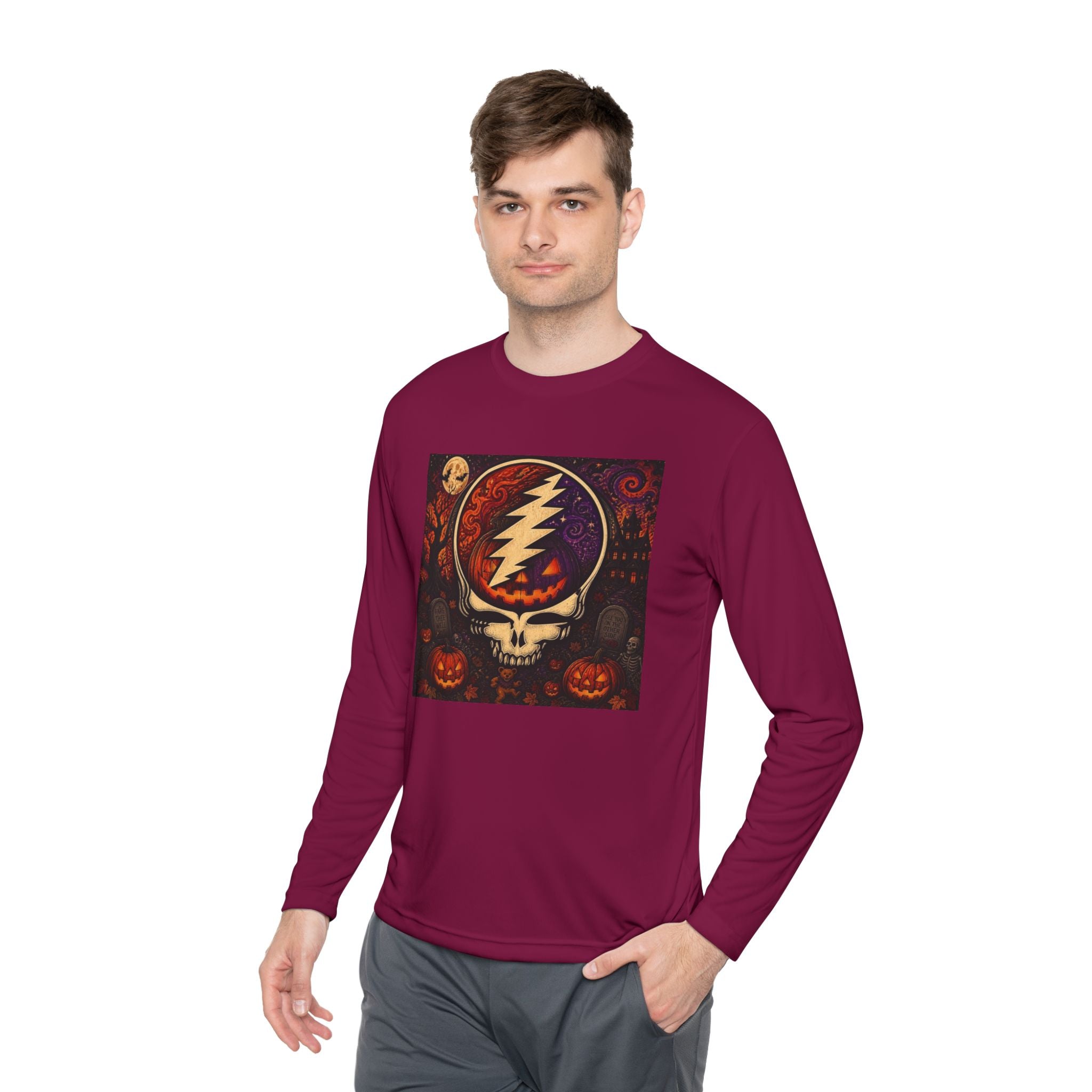 Gift for Deadhead, Grateful Dead Skull with Lightning Bolt Long Sleeve Tee | Halloween Jack-O'-Lanterns