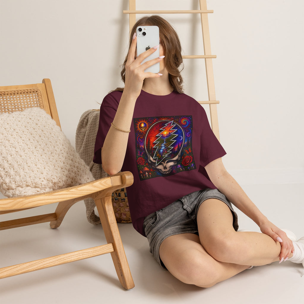 Psychedelic Steal Your Face Skull T-Shirt | Colorful Lightning Rose Grateful Dead Tee