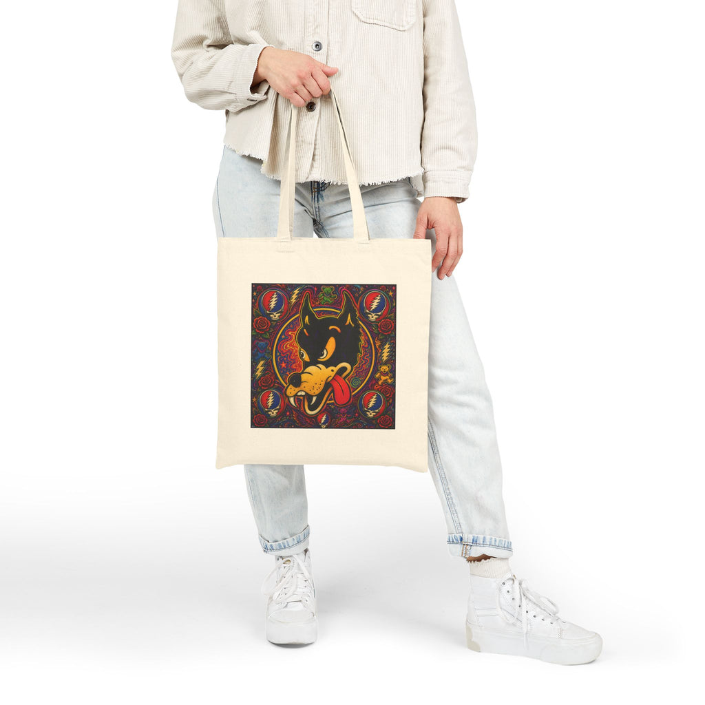 Retro Dire wolf Grateful Dead  Tote Bag | Psychedelic Badge Art, Vintage Style