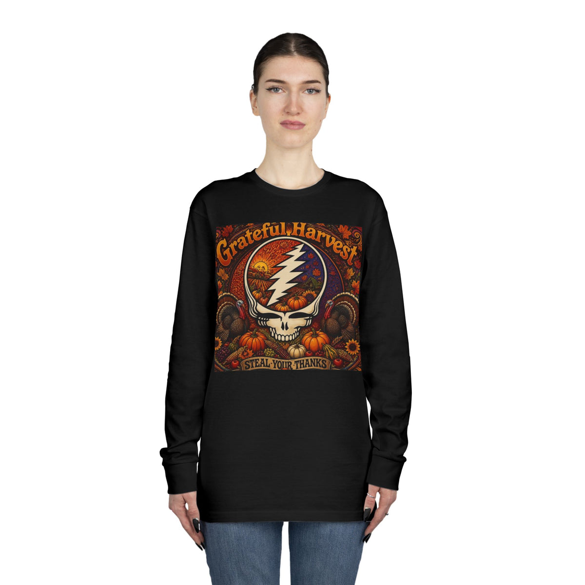 Grateful Harvest Skull with Lightning Bolt Long Sleeve Tee | Autumn Pumpkin Band Art, gift for deadhead, thanksgiving