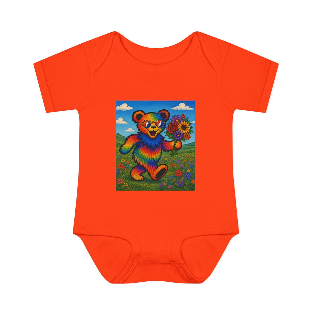 Grateful Dead Rainbow Tie Dye Bear Holding Sunflower Infant Bodysuit