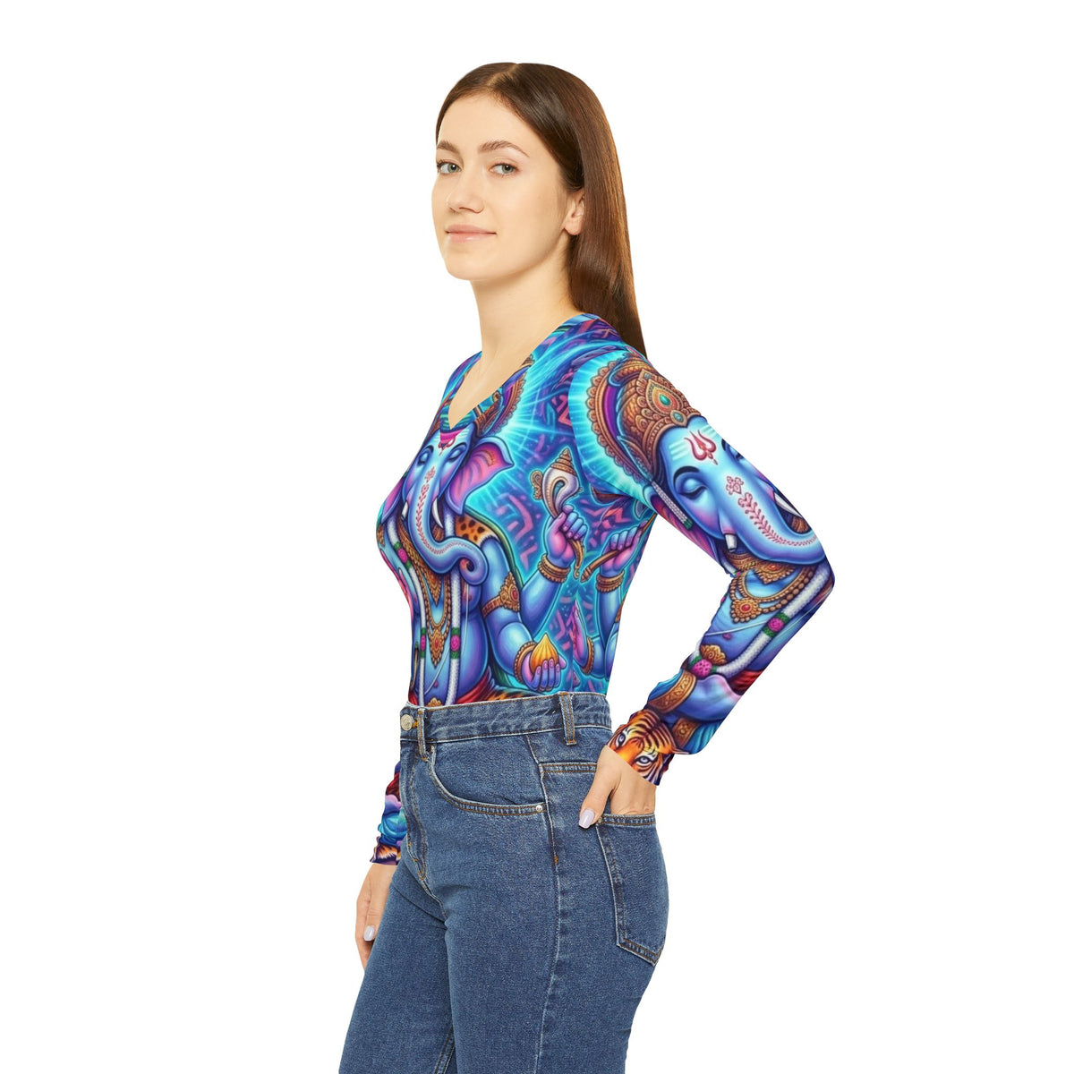 Blue Ganesha Illustration Long Sleeve gift for her, mom, friend, sister, yogi, yoga, hindu V-neck Shirt | Hindu Deity Art