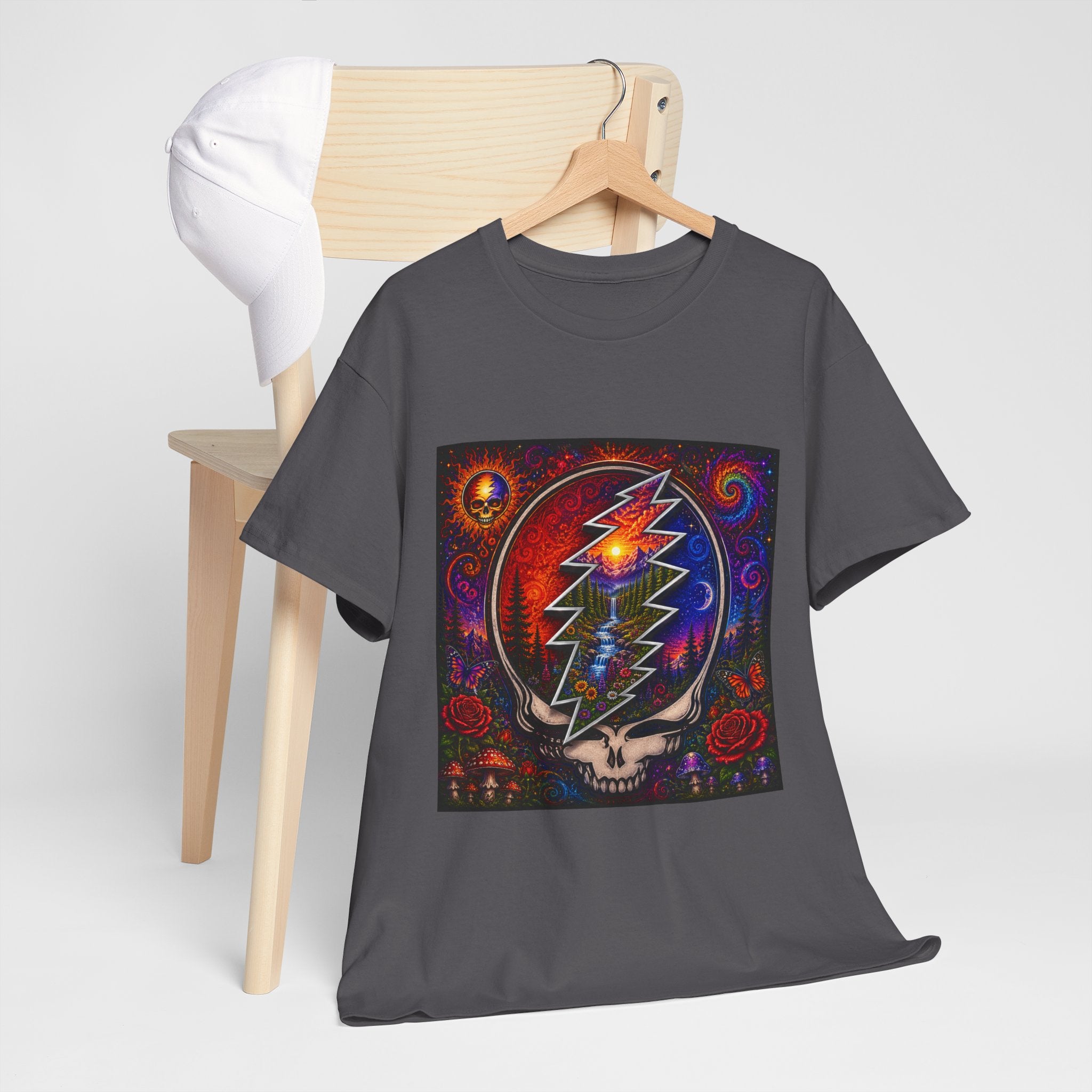 Psychedelic Steal Your Face Skull T-Shirt | Colorful Lightning Rose Grateful Dead Tee