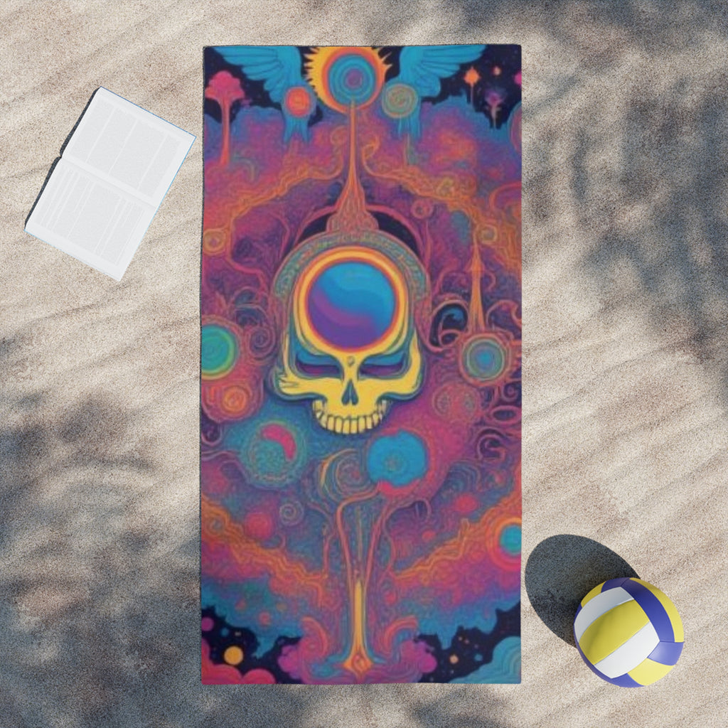 Psychedelic Skull Swirl Beach Towel | Colorful Cosmic Skull Beach Towel