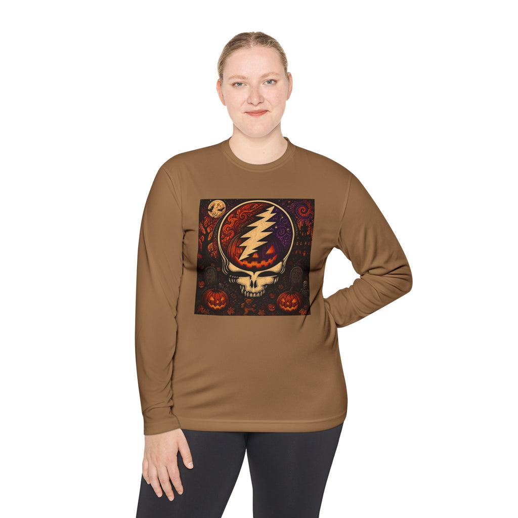 Gift for Deadhead, Grateful Dead Skull with Lightning Bolt Long Sleeve Tee | Halloween Jack-O'-Lanterns