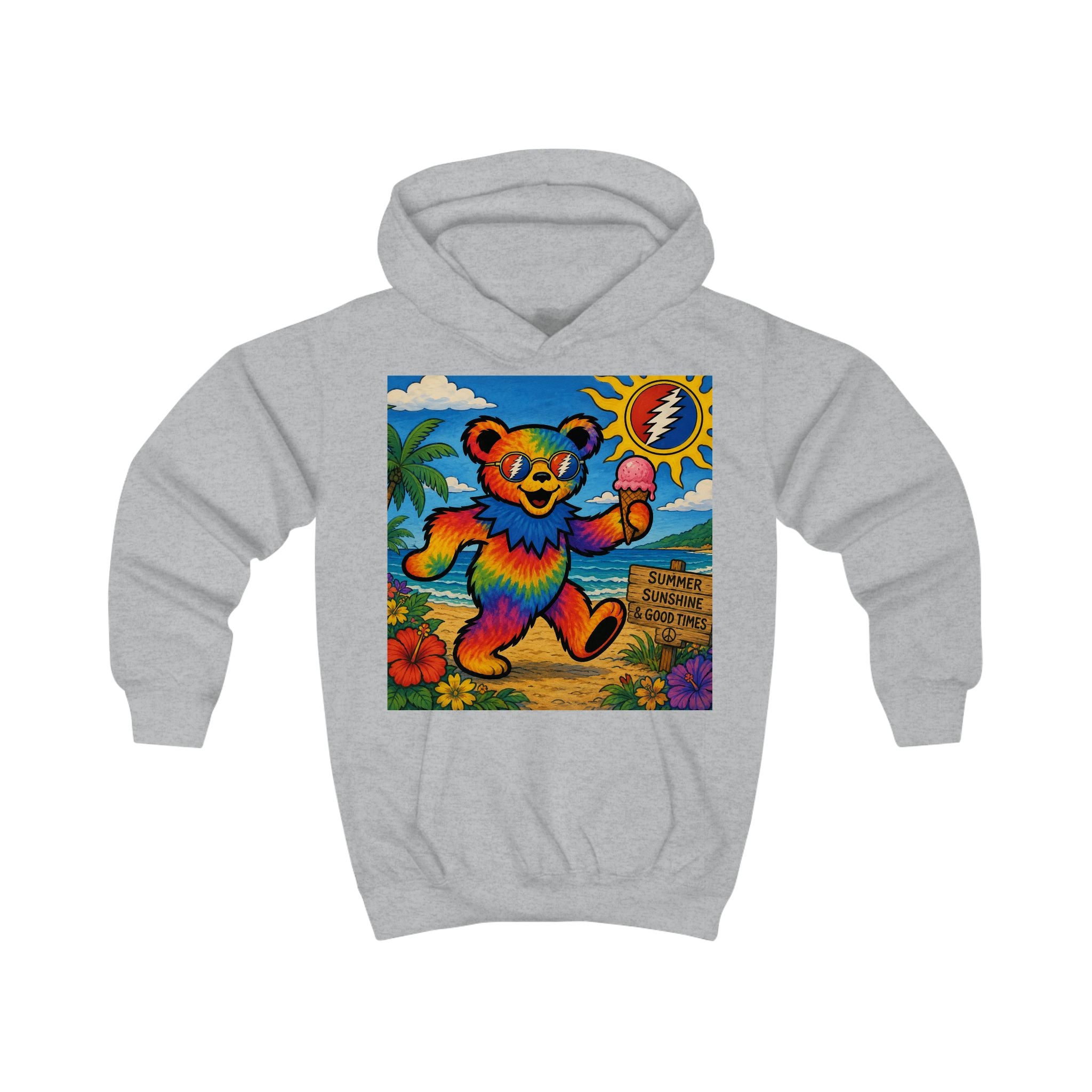 Rainbow Dancing Bear Kids Hoodie | Psychedelic Grateful Dead Style, Summer Beach Scene